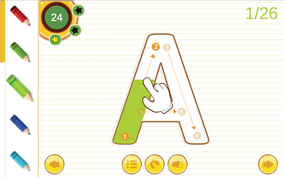 Alphabet Tracing uppercase letter A showing numbered stroke sequence and color palette