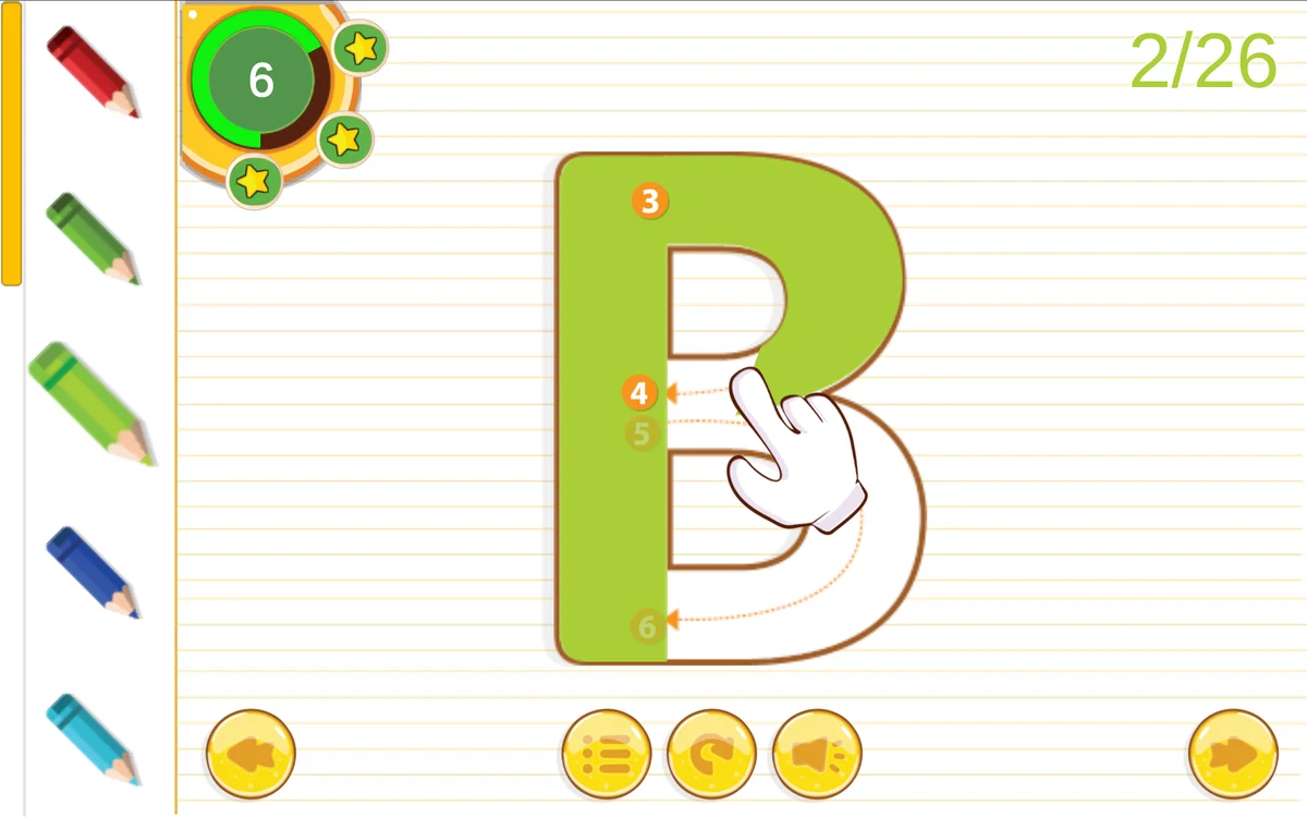 Alphabet Tracing letter B showing multi-phase curve tracing and timer star ring