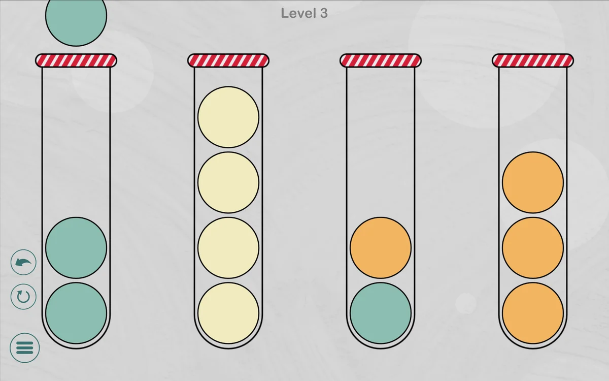 Ball Sort completed tubes with uniform color stacks