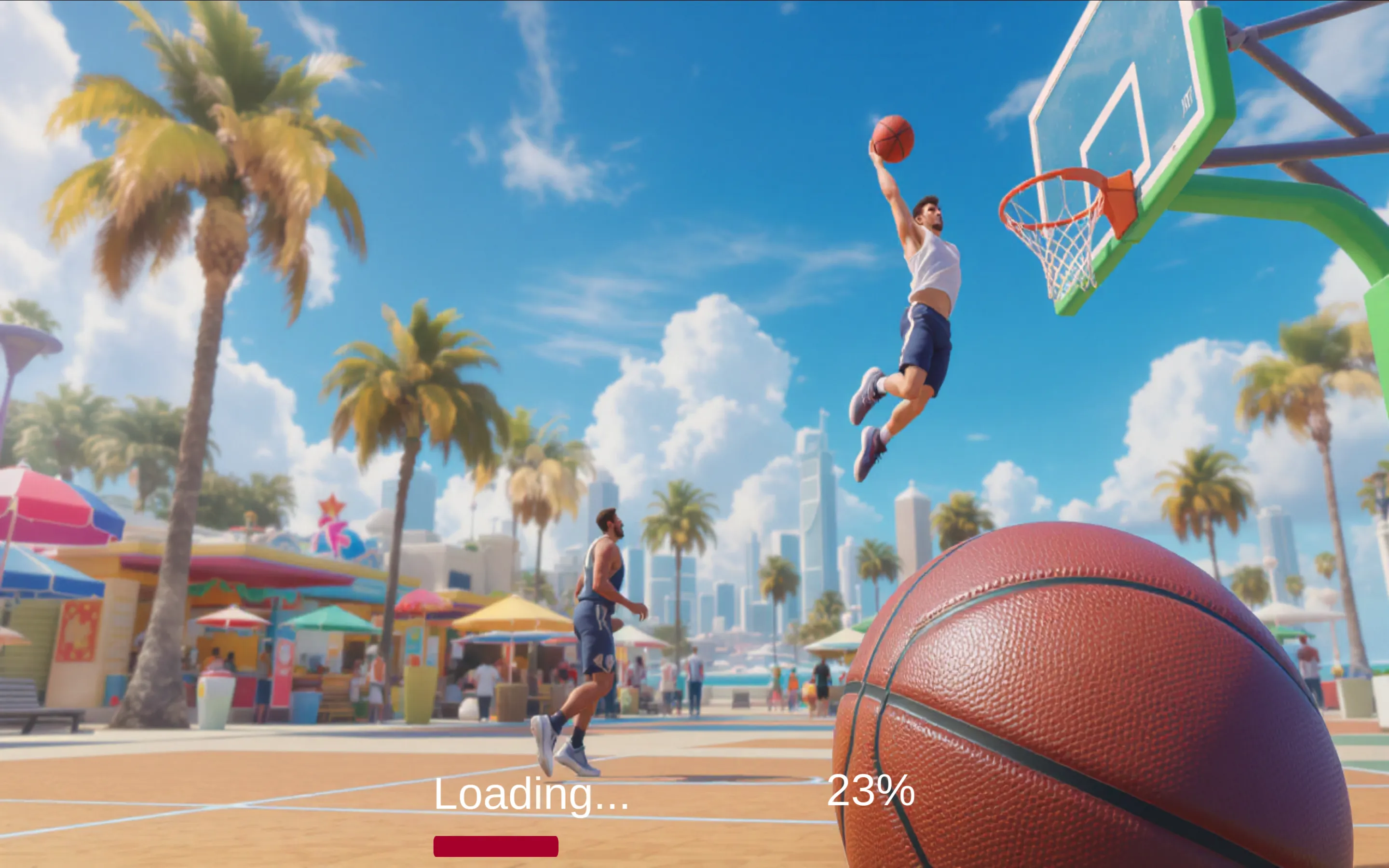 Basket Ball loading splash featuring streetball player dunking against coastal city skyline