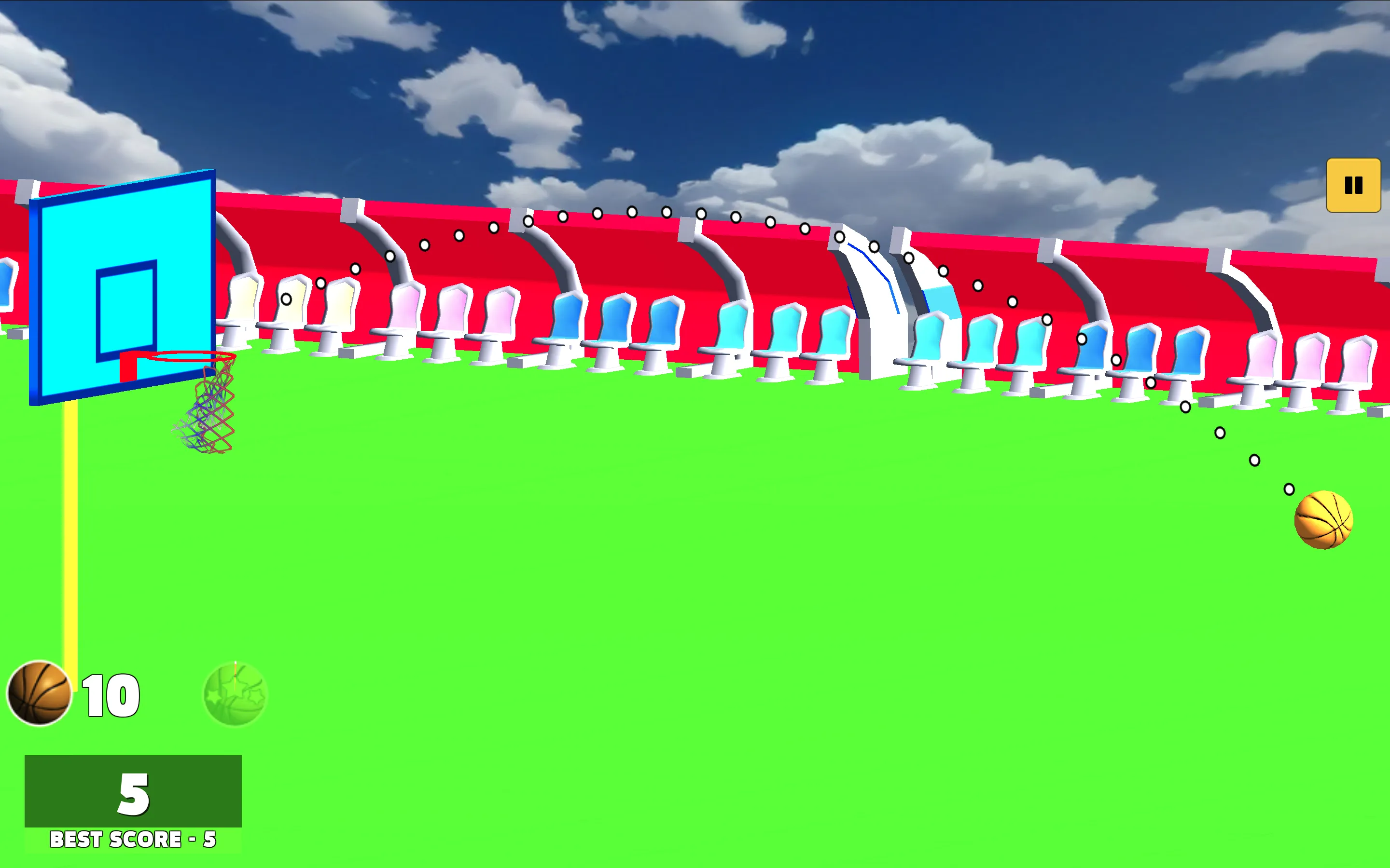 Basket Ball 3D court showing white dotted parabolic trajectory arc aimed toward hoop and 10-ball reserve