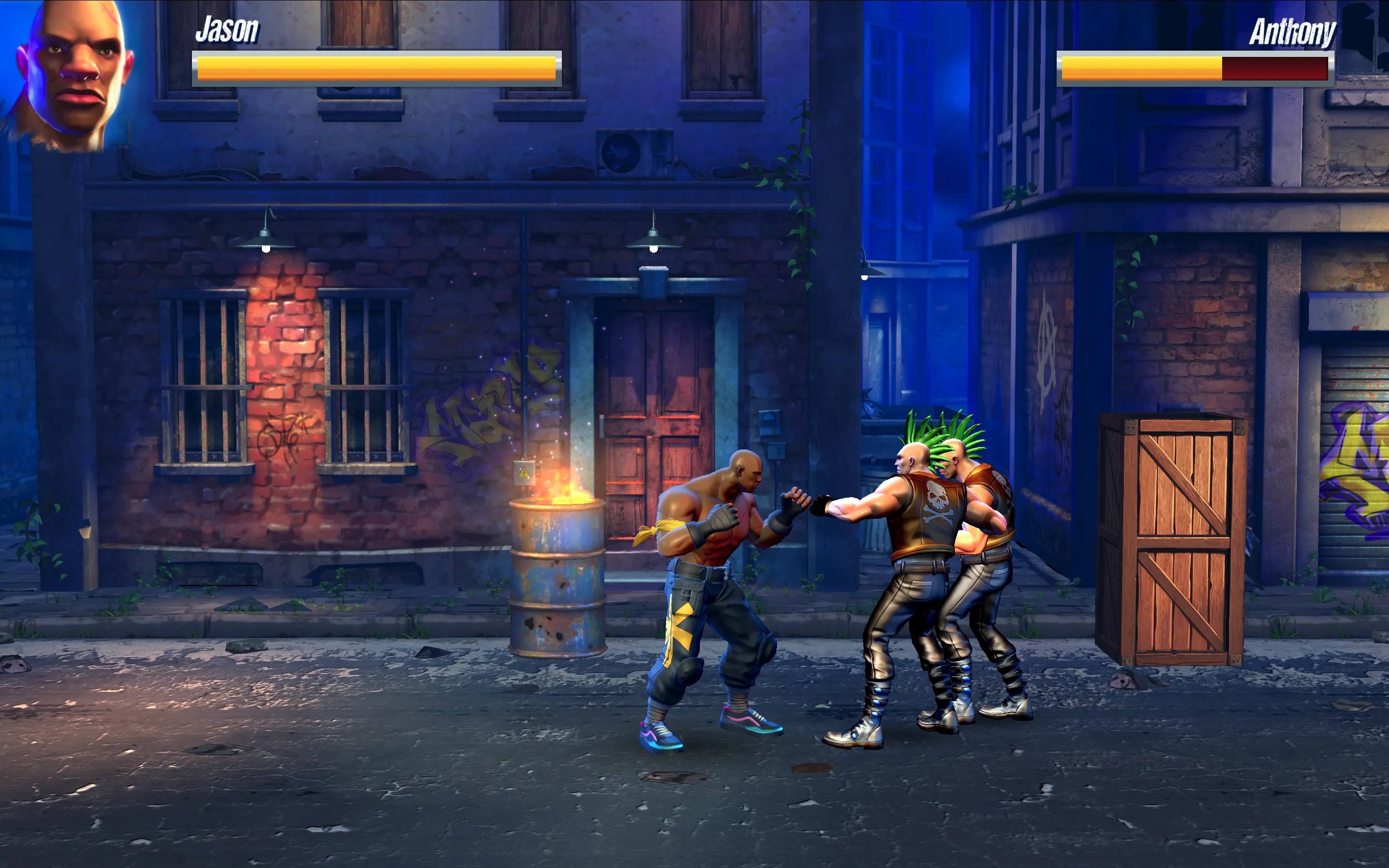 Beat Em Up street brawler gameplay showing hero battling thugs along the city sidewalk