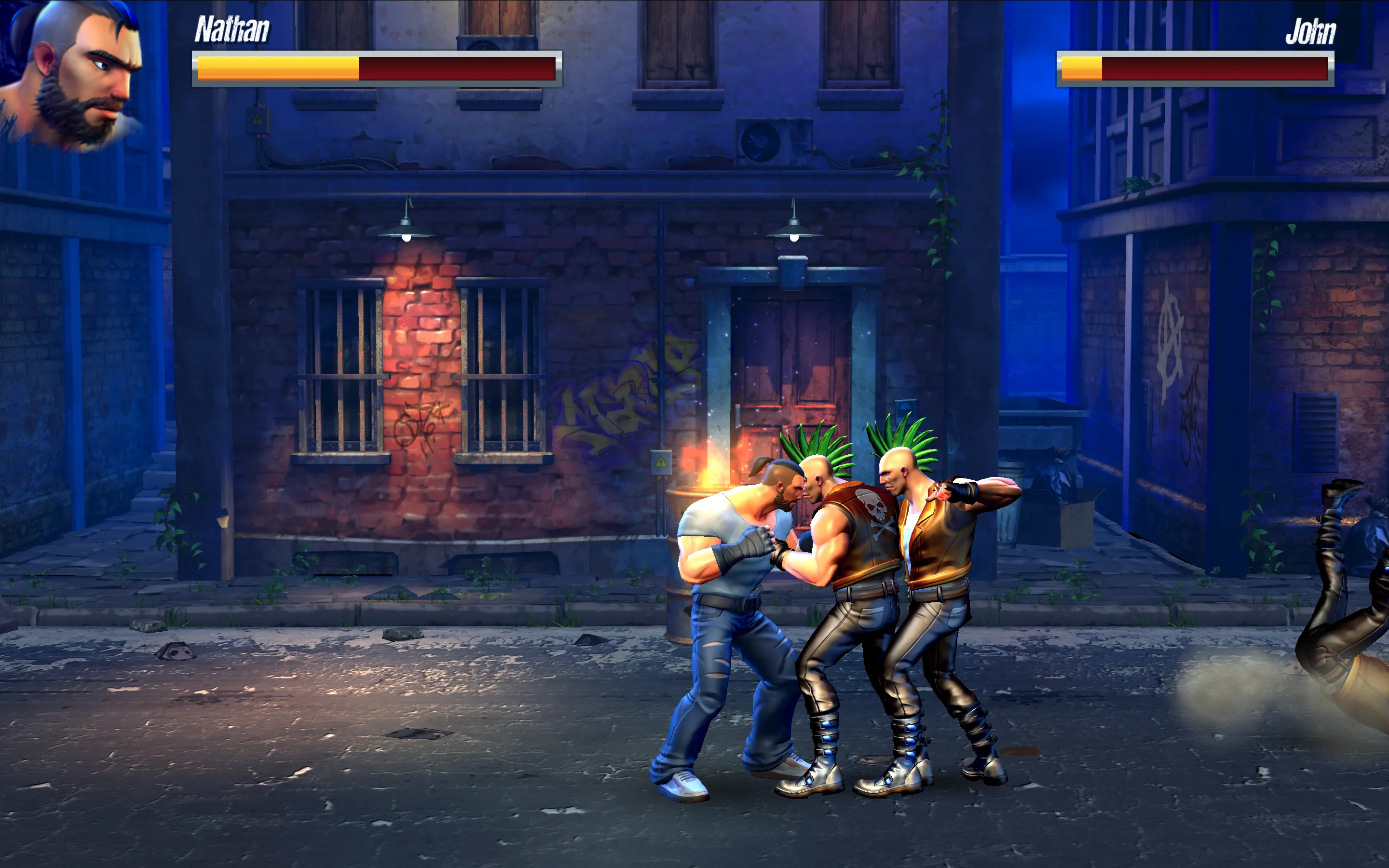 Beat Em Up combat encounter showing hero executing jump kicks against clustered street enemies
