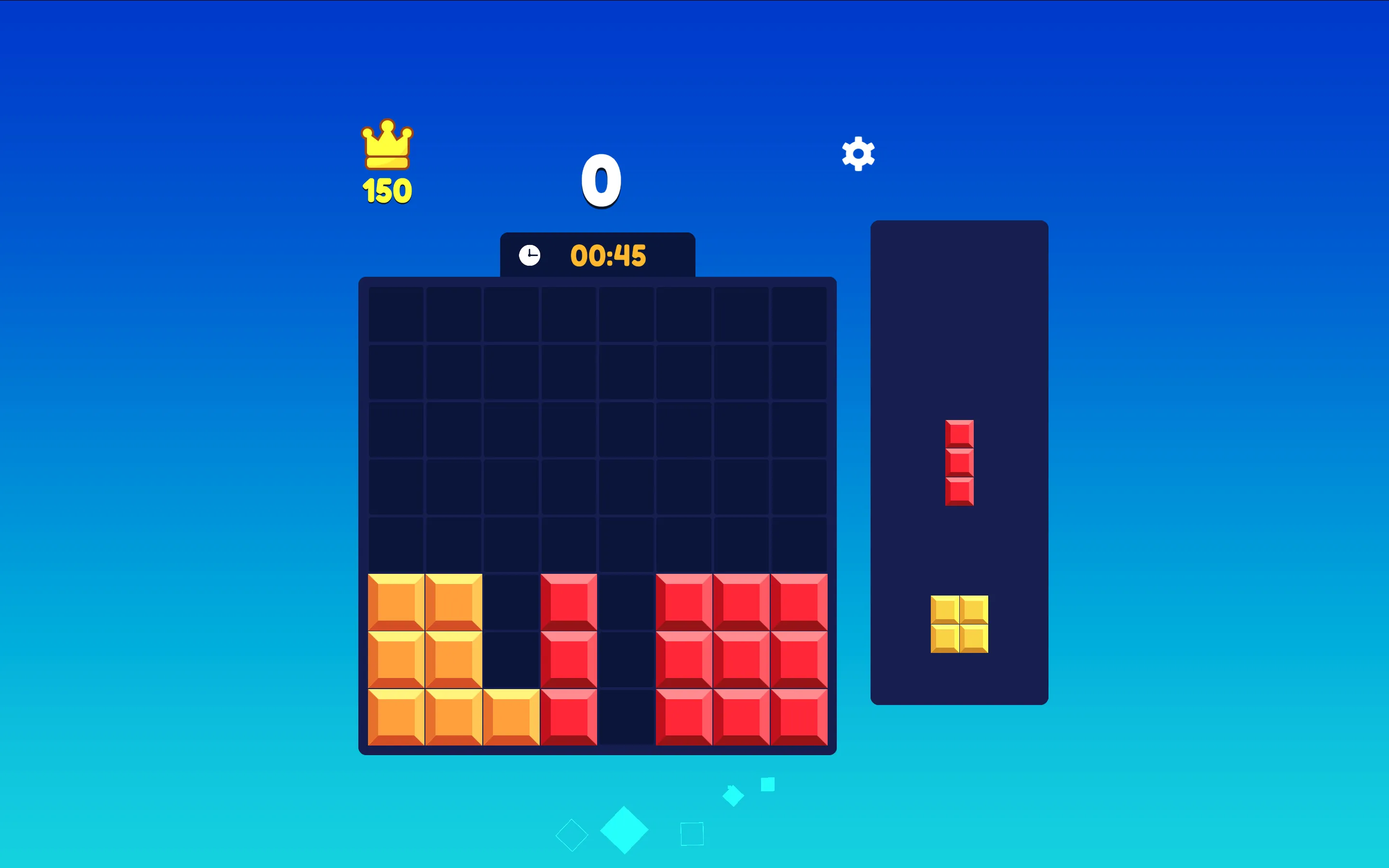 Block Blast Puzzle Game 8x8 grid showing placed yellow and red jewel blocks with 45-second timer