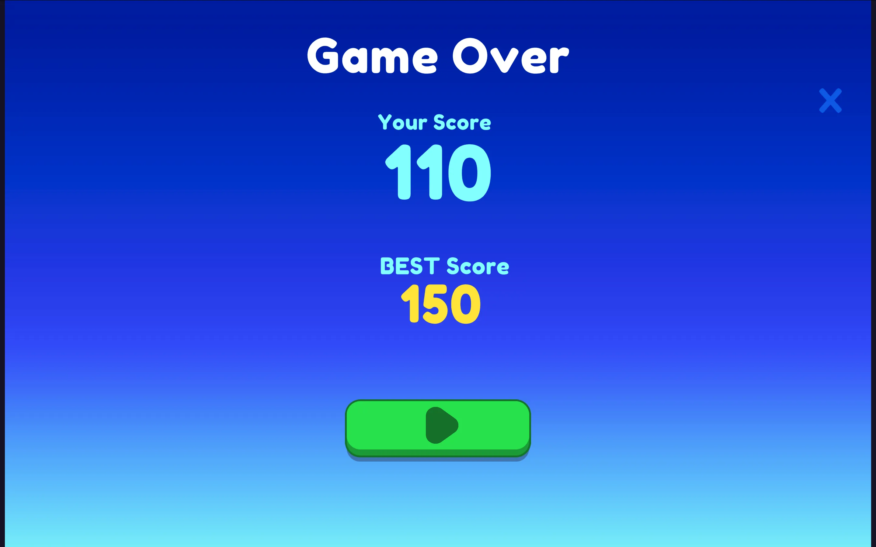 Block Blast Puzzle Game Over screen displaying score of 110, crown best score of 150, and green replay button