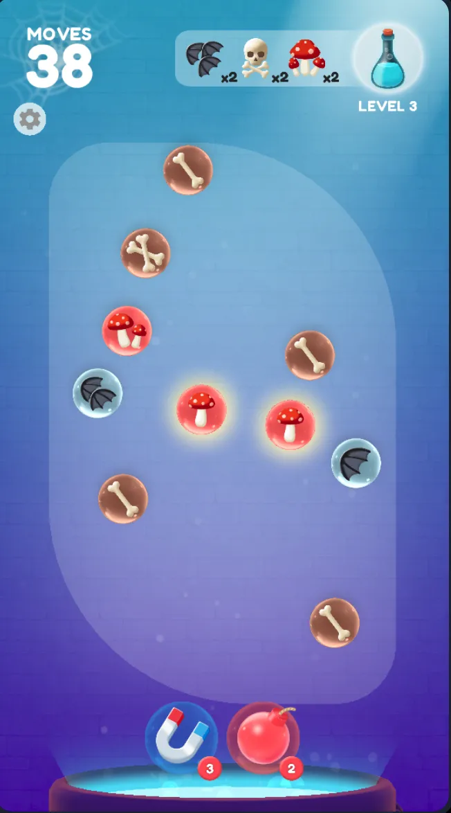 Bubble Merge Level 3 showing cauldron, floating ingredient bubbles, and top recipe bar