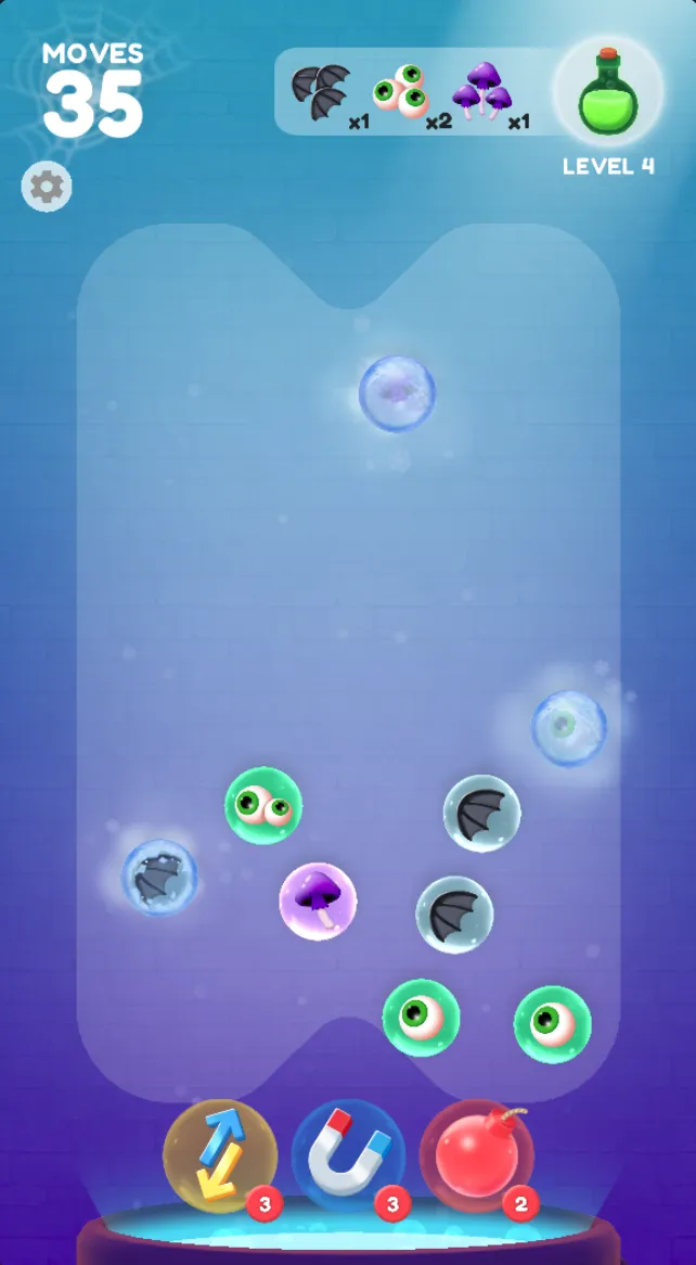Bubble Merge Level 4 displaying green eyeball bubbles, frozen spheres, and cauldron boosters