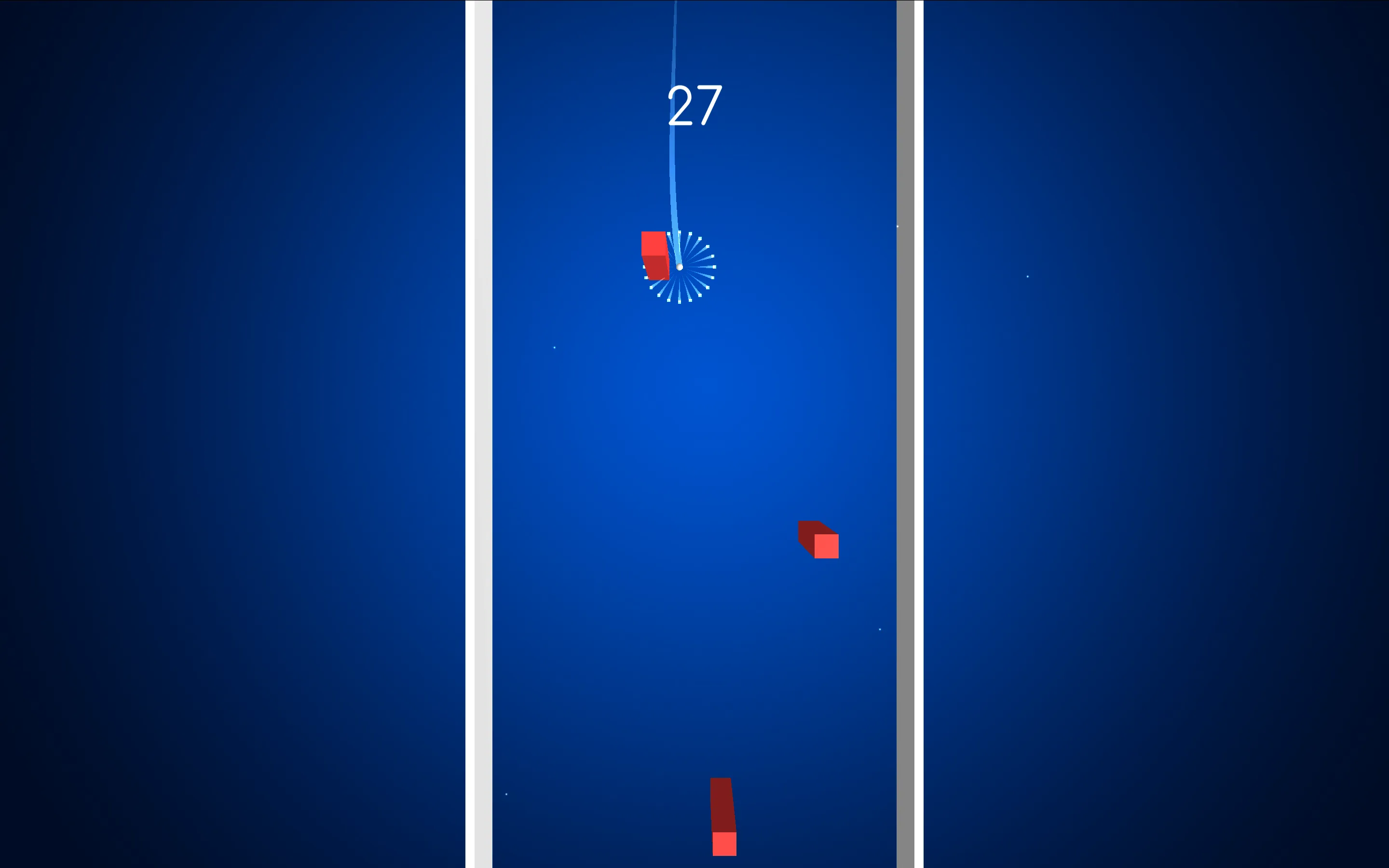 Downhill Ride jump ramp launch showing airborne sphere clearing deep track chasms