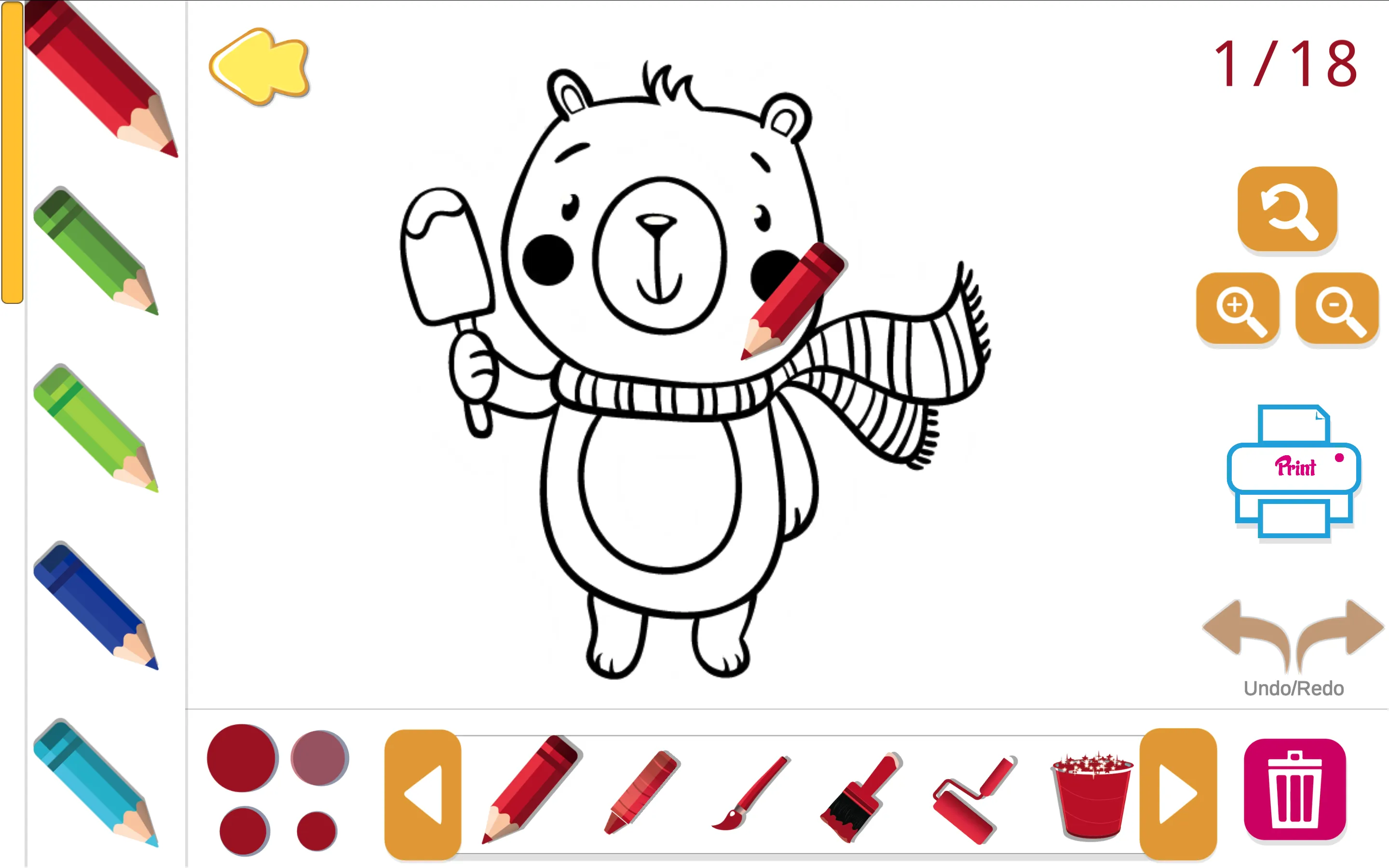 Drawing & Coloring digital sketchbook showing coloring template and color palette selection