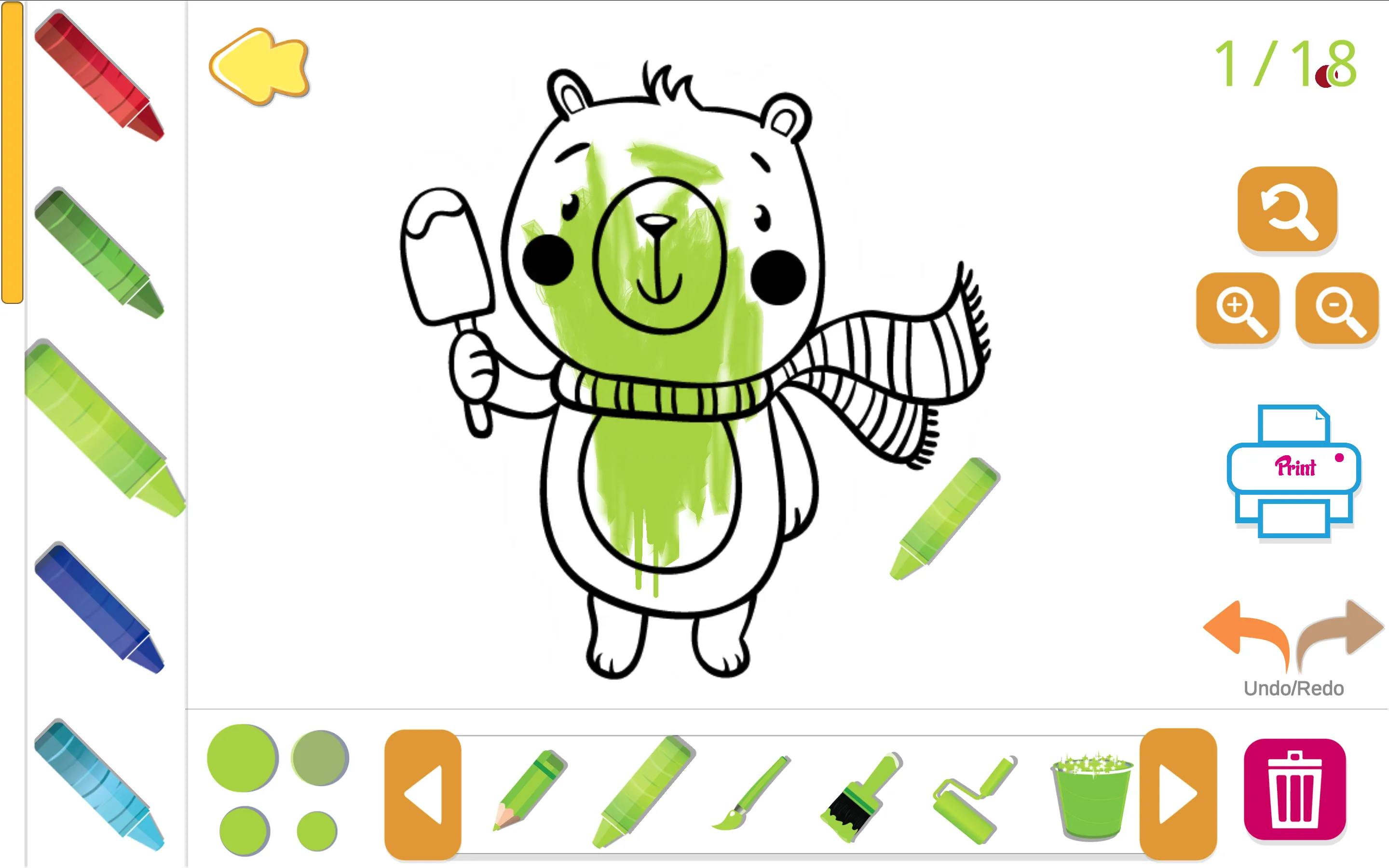 Drawing & Coloring completed artwork showing vibrant filled character illustration and tool menu