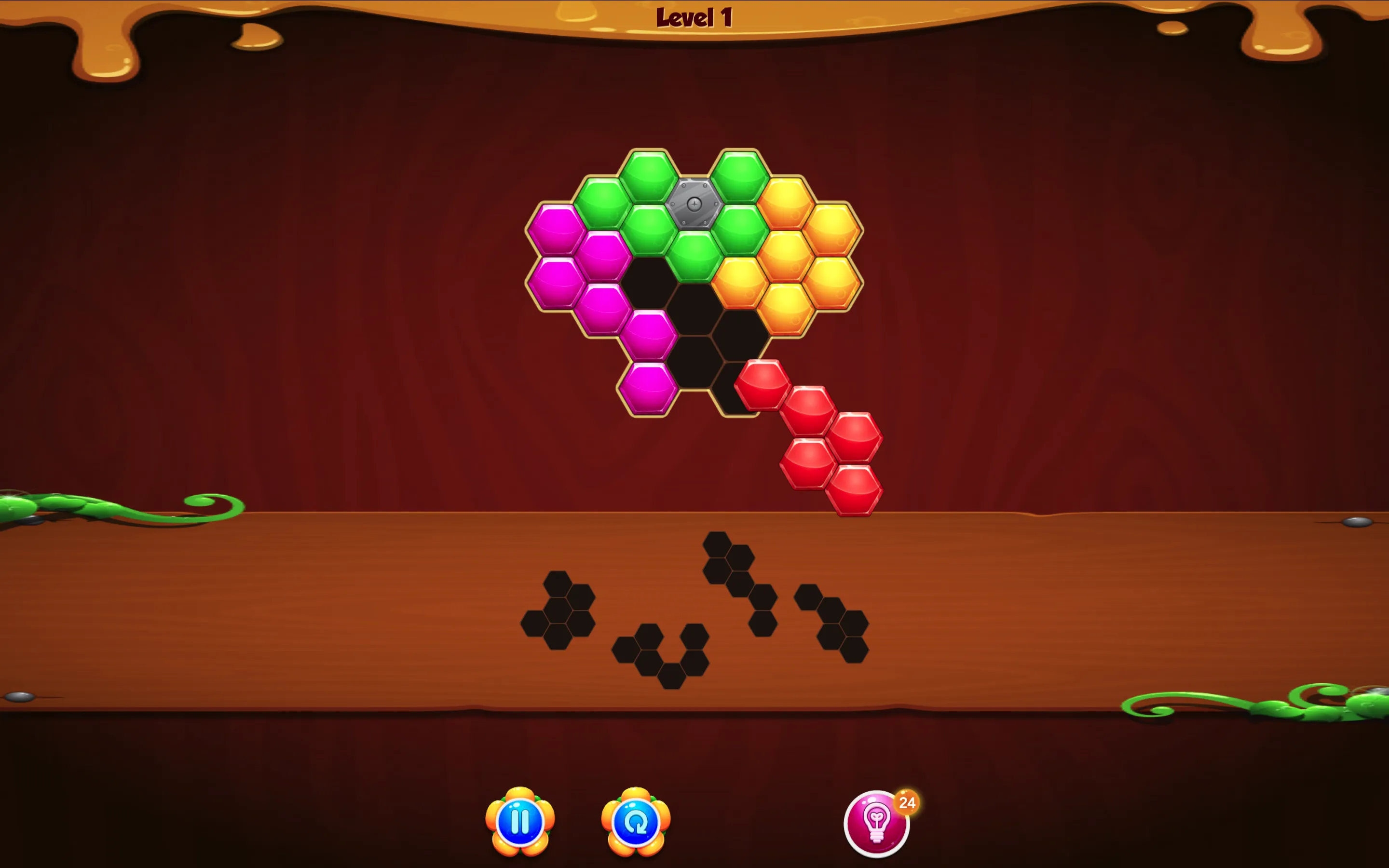 Fill Hexa Puzzle Game honeycomb grid showing colorful hexagonal block placements