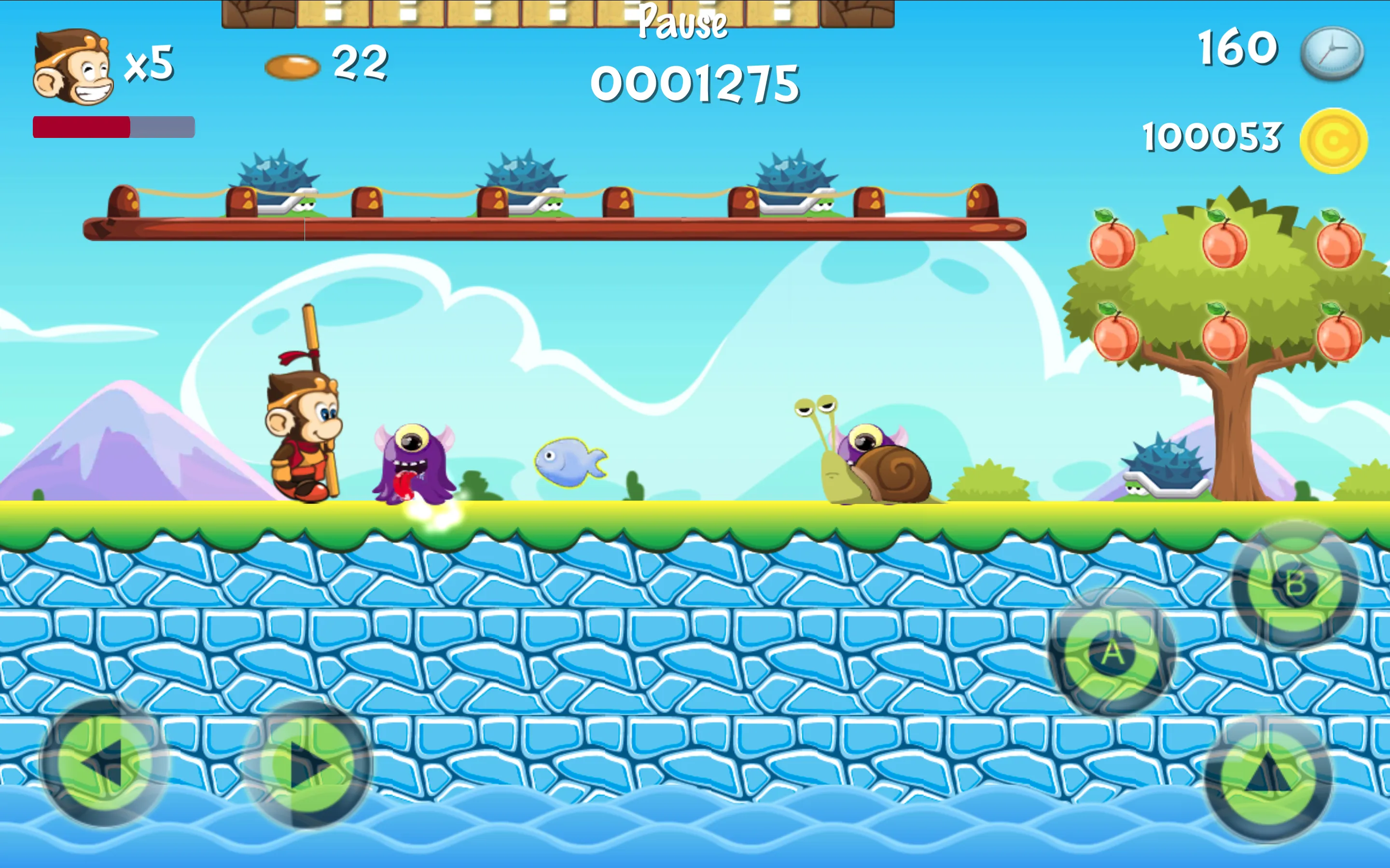 Kong Hero confronting snail and cyclops monsters beneath peach trees