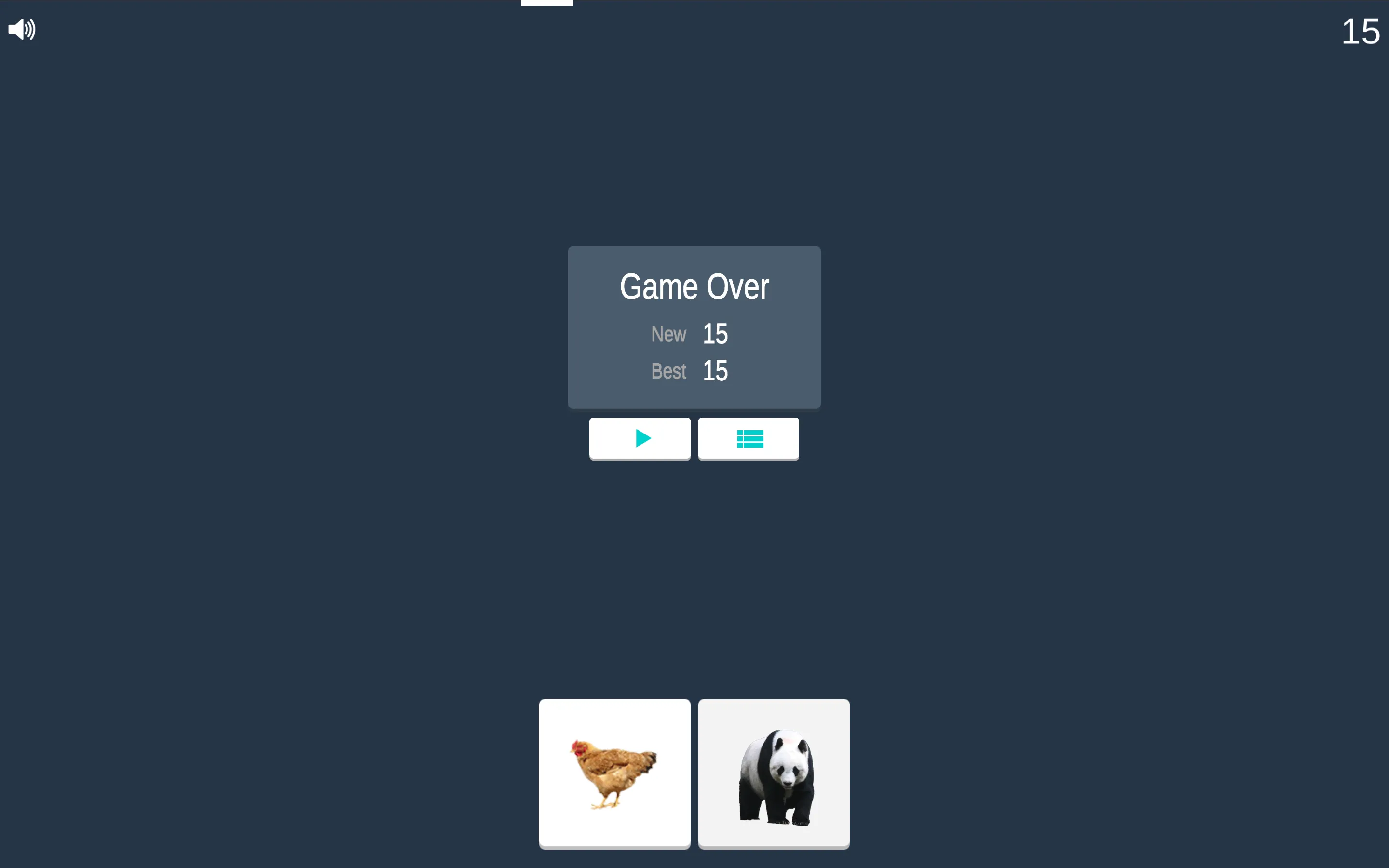 Match It Game Over screen showing final score of 15, personal best, and replay controls