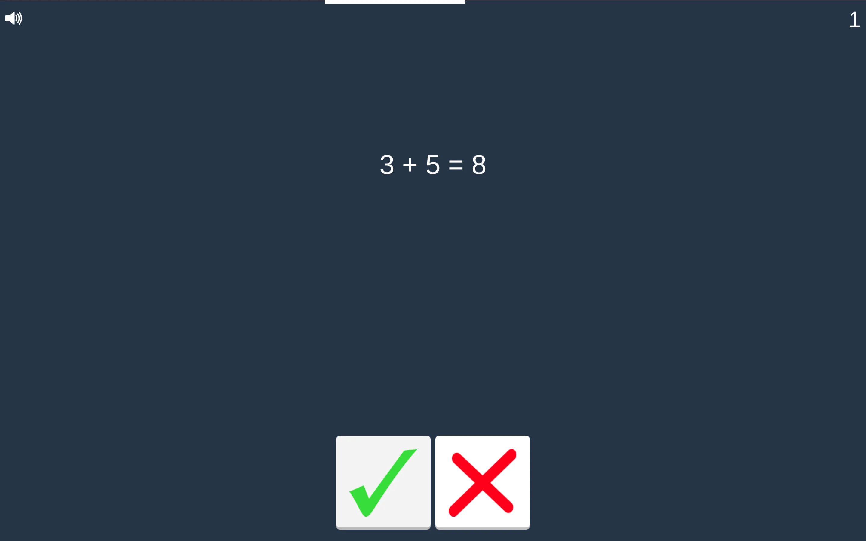 Math Challenge gameplay showing arithmetic equation with countdown bar and green checkmark and red cross buttons