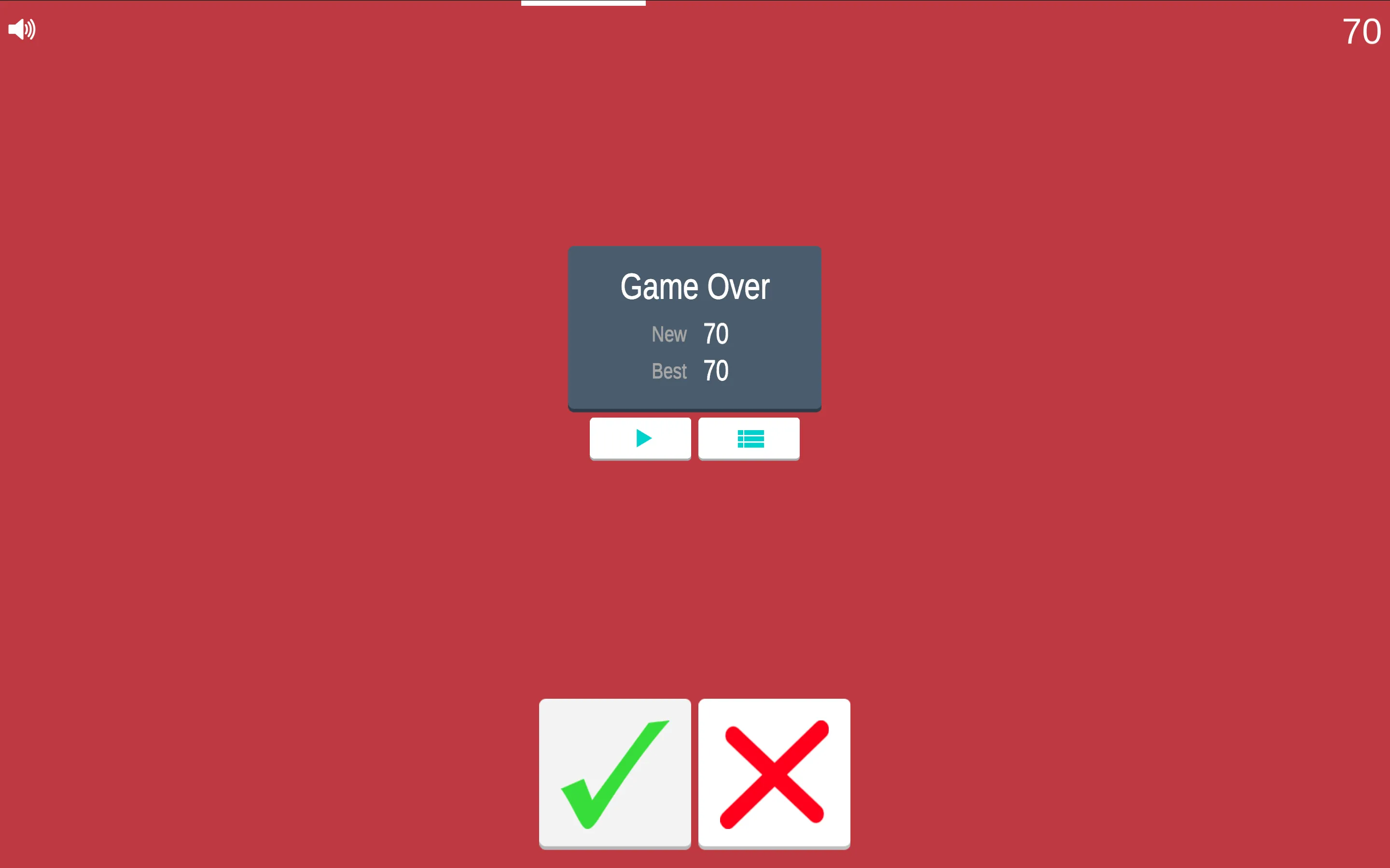 Math Challenge Game Over screen showing final score, personal best, and replay button