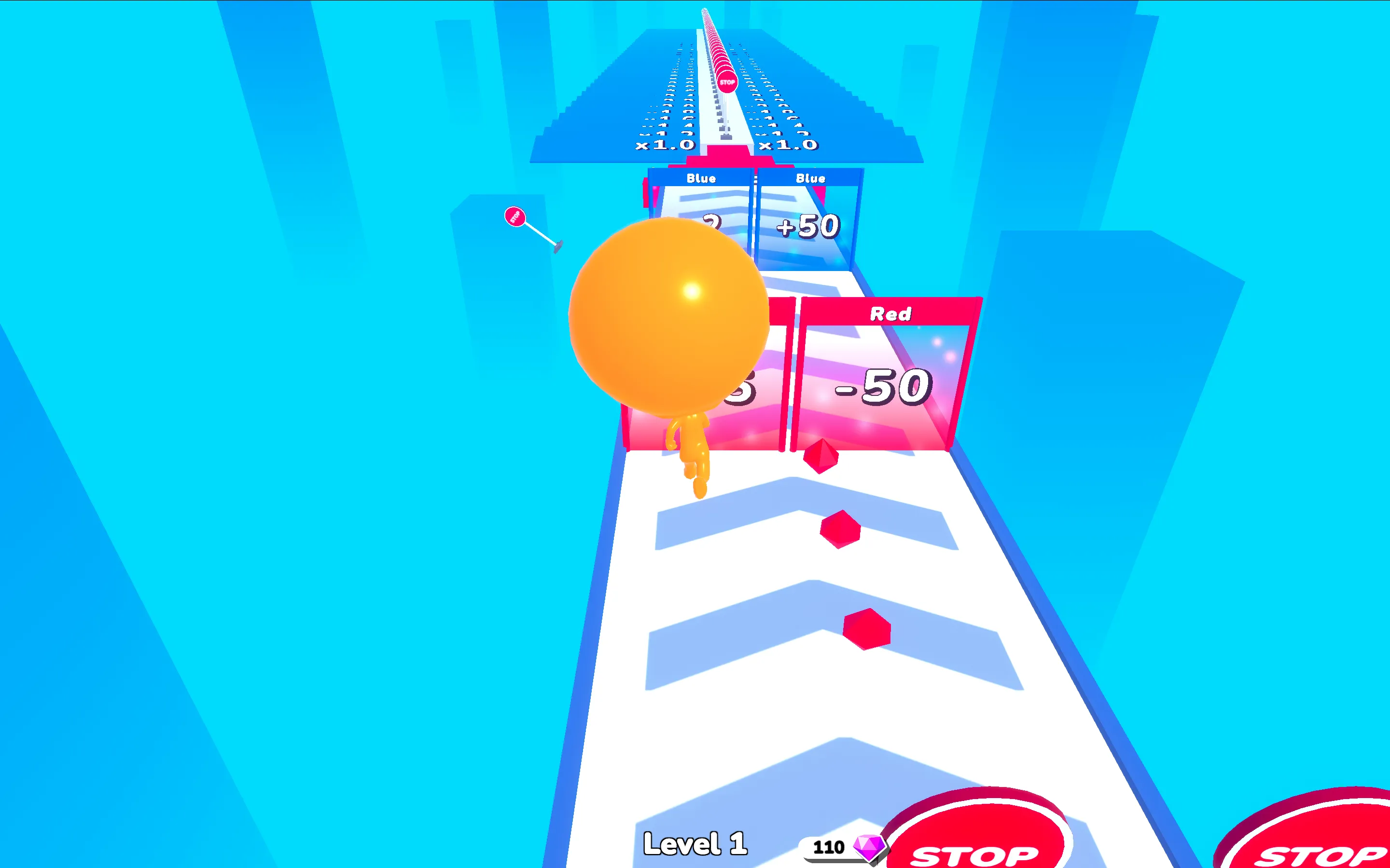 Most Runner gameplay showing giant balloon head stickman approaching +50 blue gate and red STOP signs