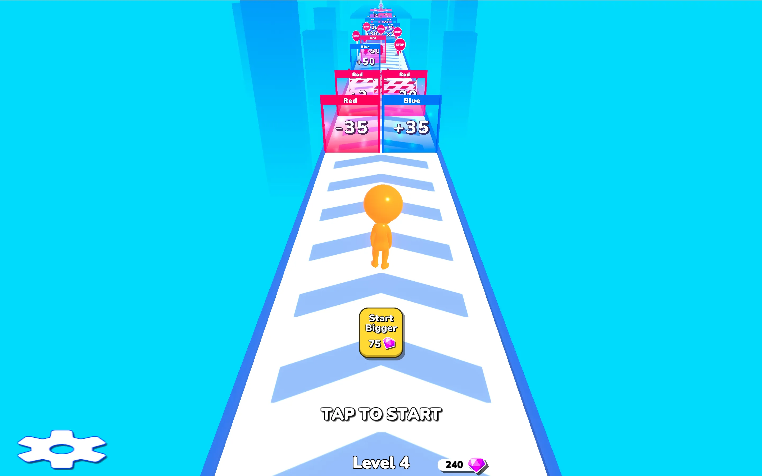 Most Runner Level 4 start line showing Start Bigger upgrade button and upcoming -35 vs +35 gates