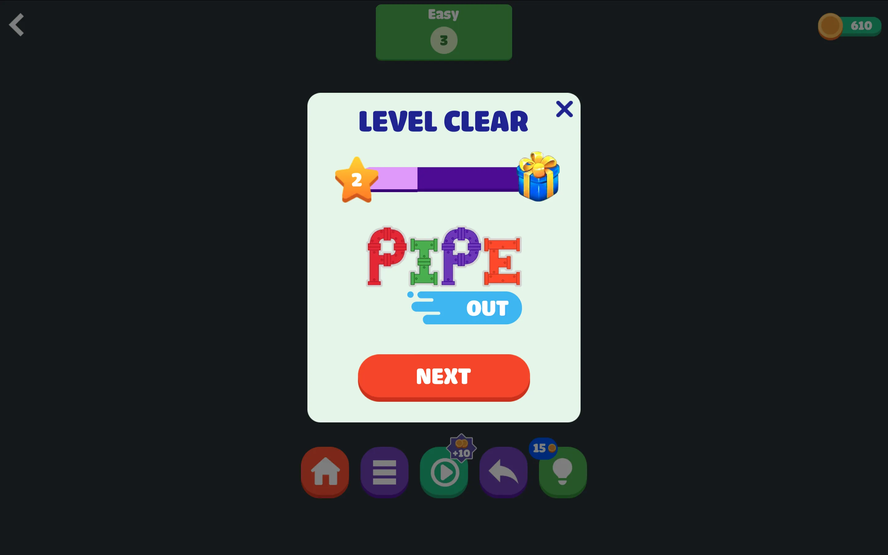 Plumber Ultimate level clear screen displaying star meter progress and next stage button