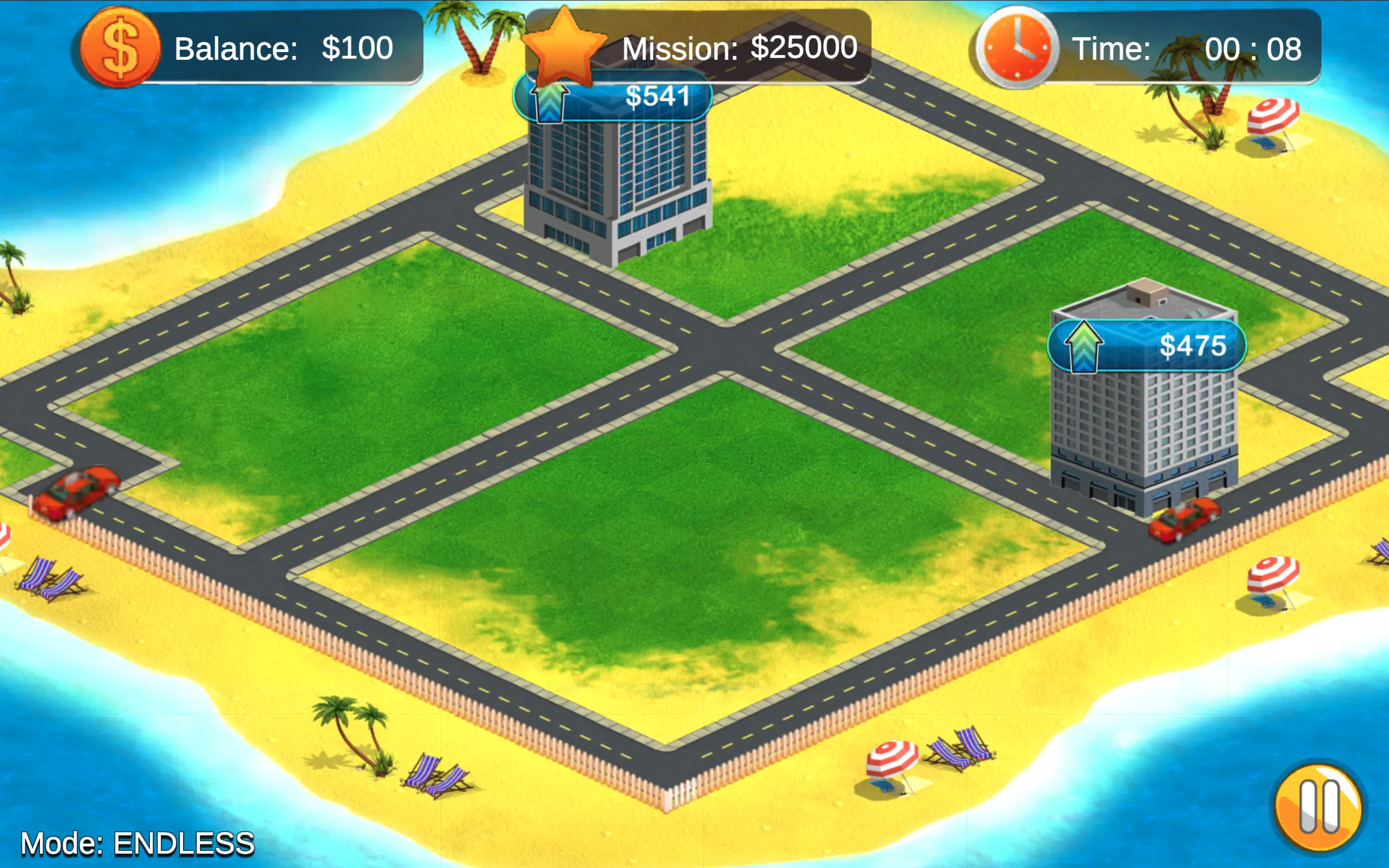 Real Estate Tycoon city map showing district property valuations and buy sell transaction interface