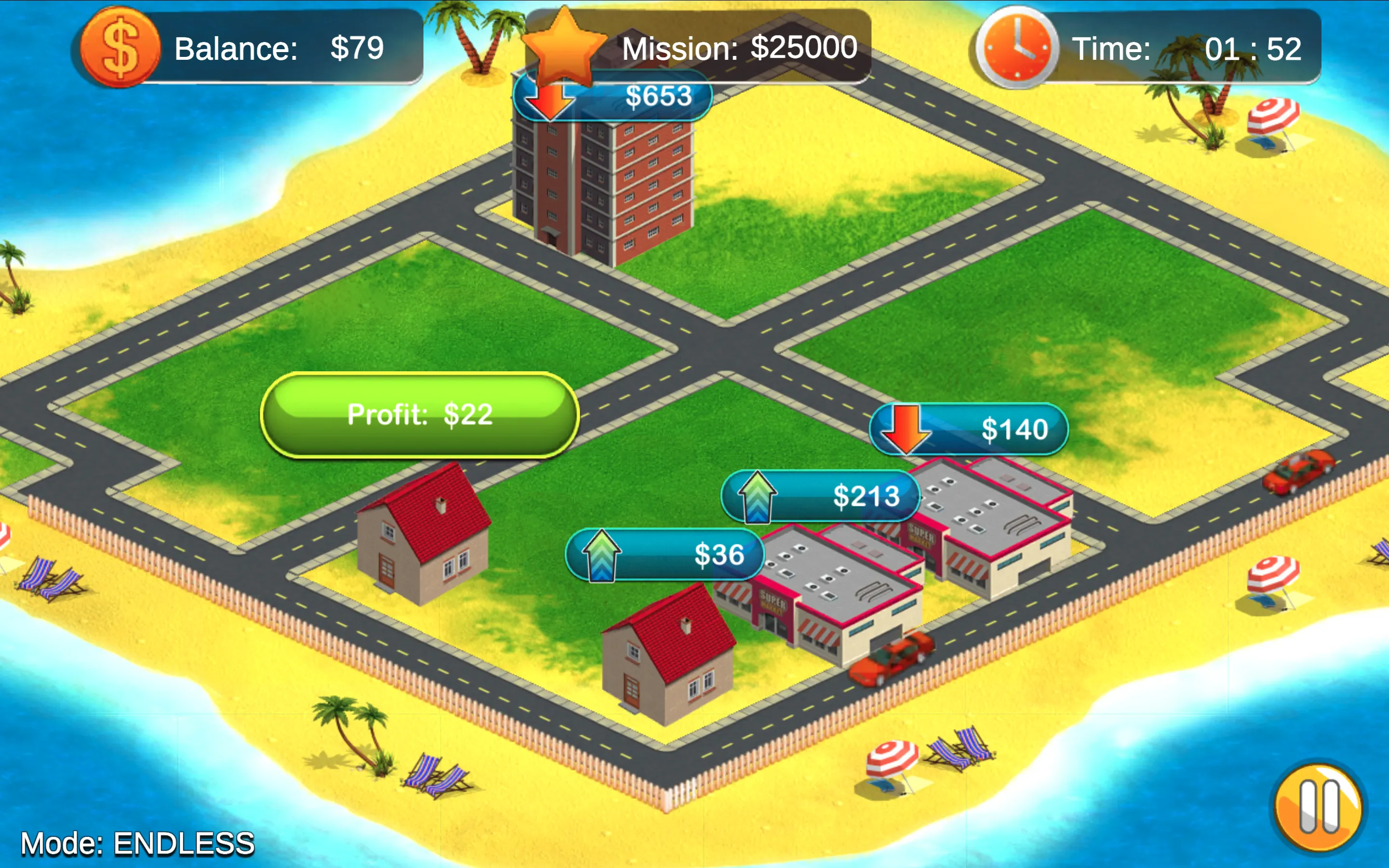 Real Estate Tycoon portfolio summary showing multi-million dollar net worth and district upgrades