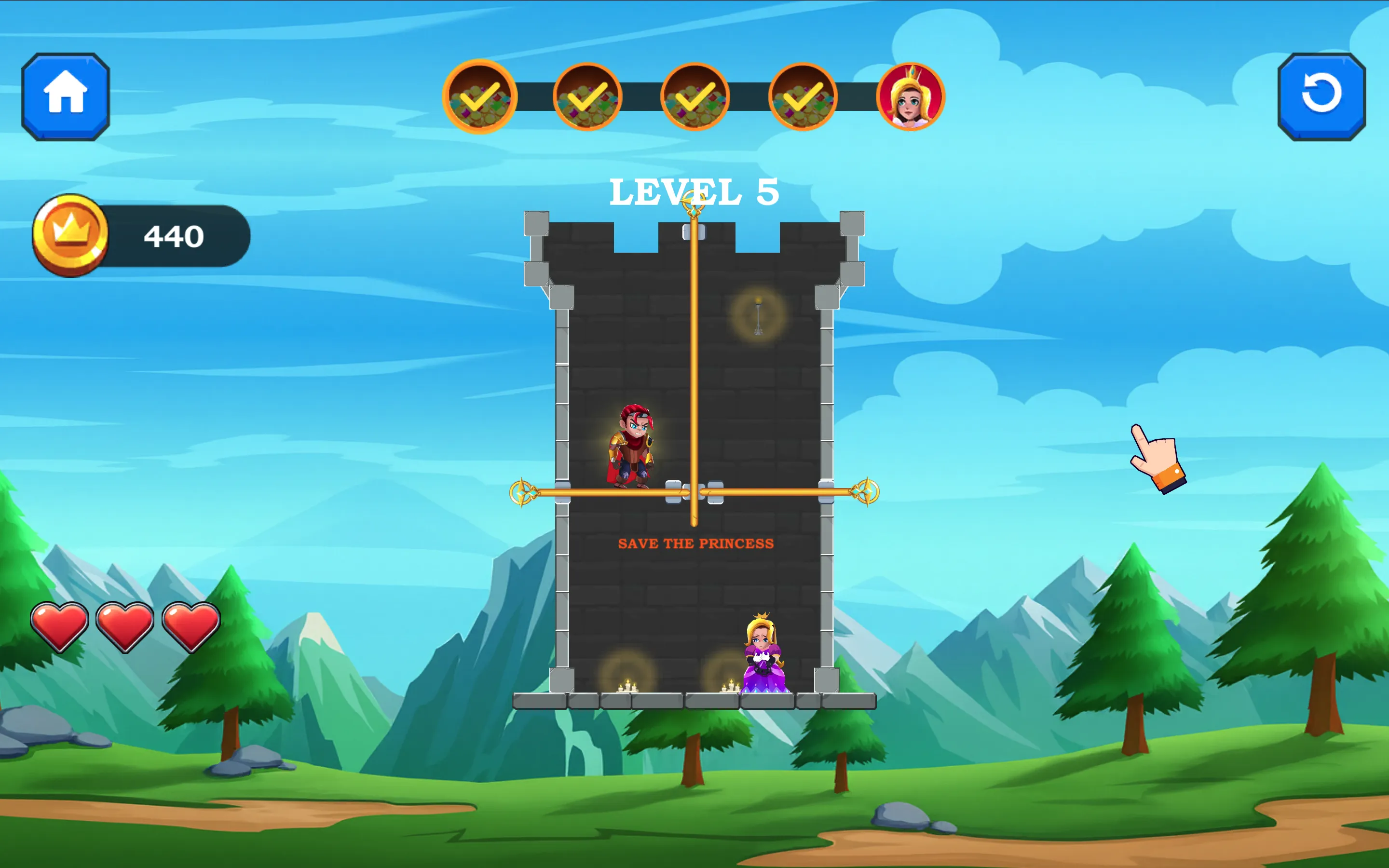 Rescue Hero knight standing on upper ledge above trapped princess