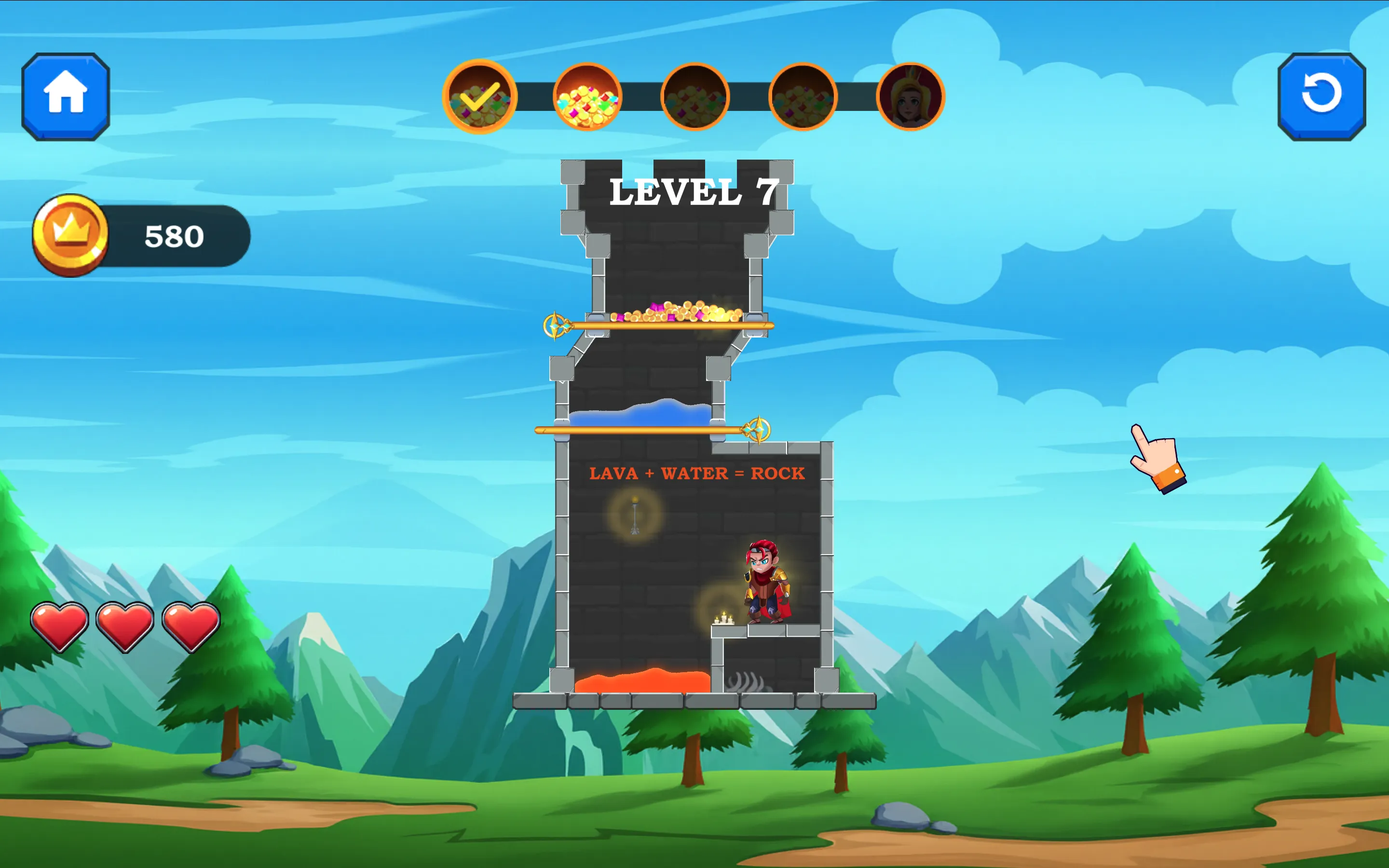 Rescue Hero Level 7 showing water pool held above lava with stone formula on wall