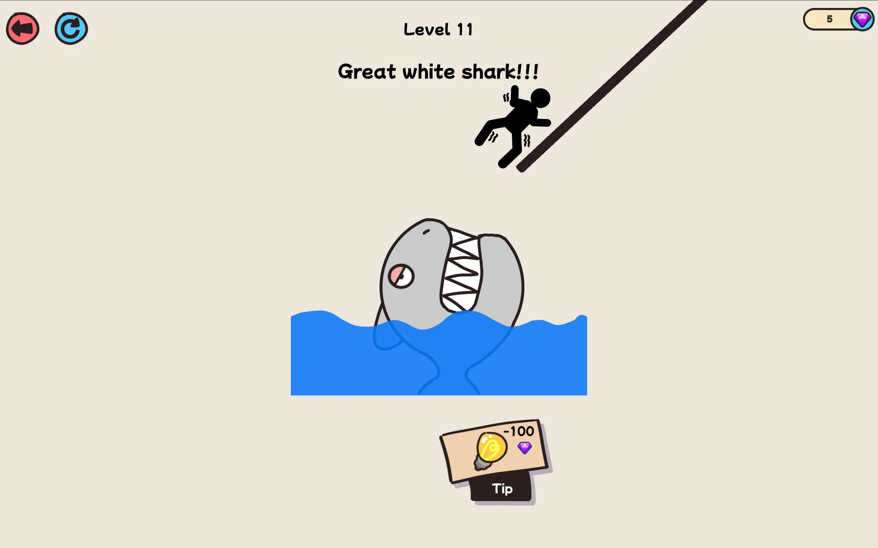 Save Him physics puzzle game showing drawn ink barrier protecting stick figure from falling rocks