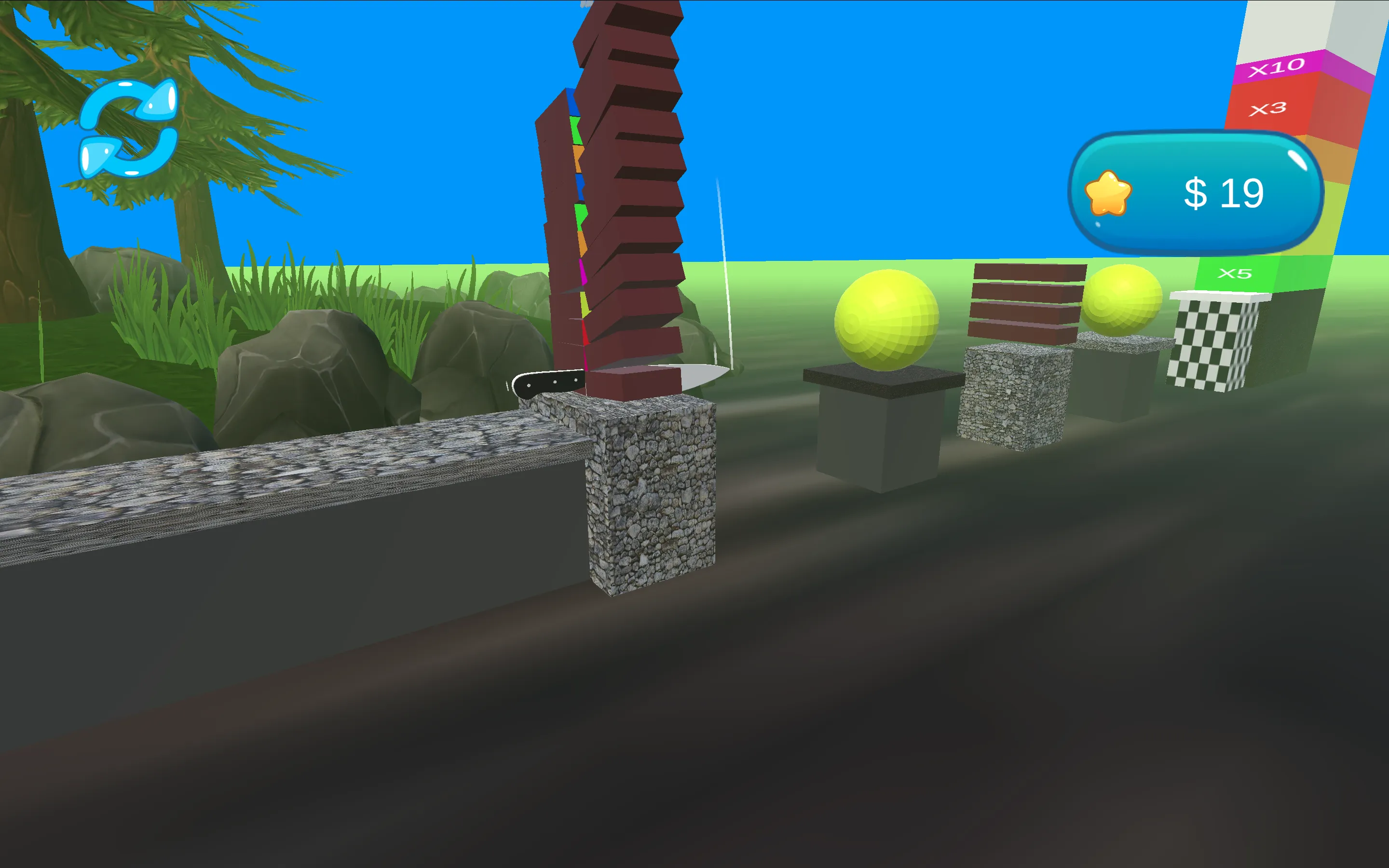 Slice It All knife embedded in stone pedestal facing tall timber stack and multiplier tower