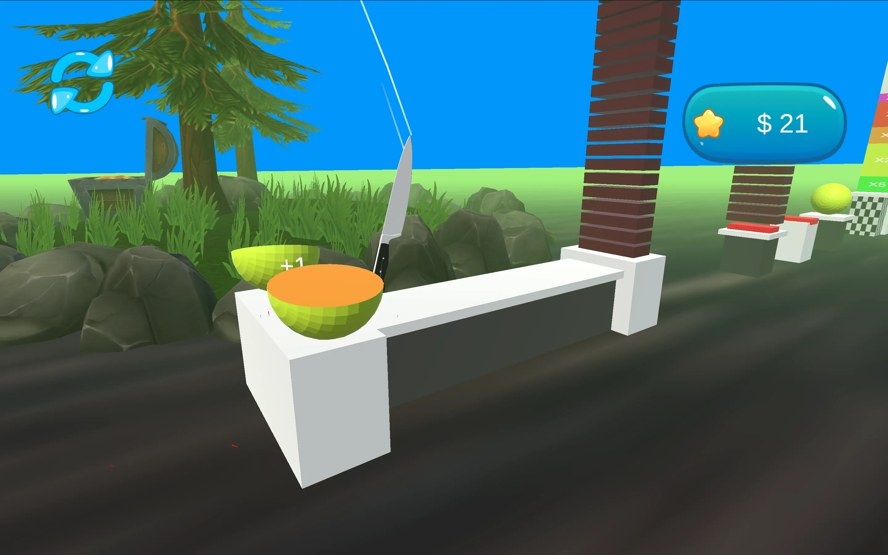 Slice It All knife slicing a yellow melon on a white platform with cash counter in upper right
