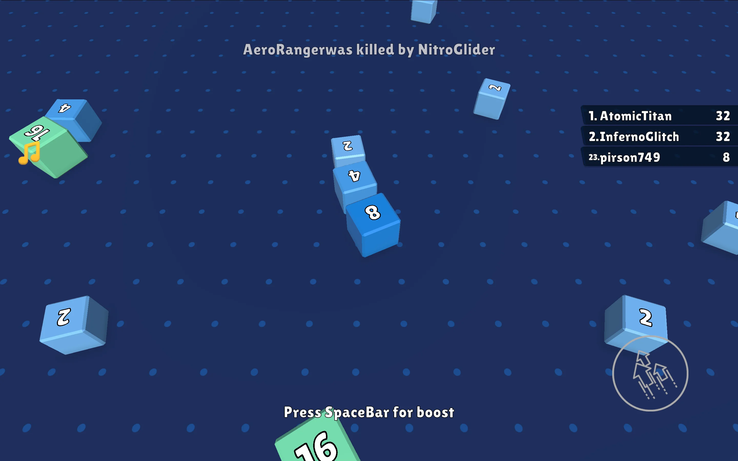 Snake 2048 slithering on track collecting numbered blocks