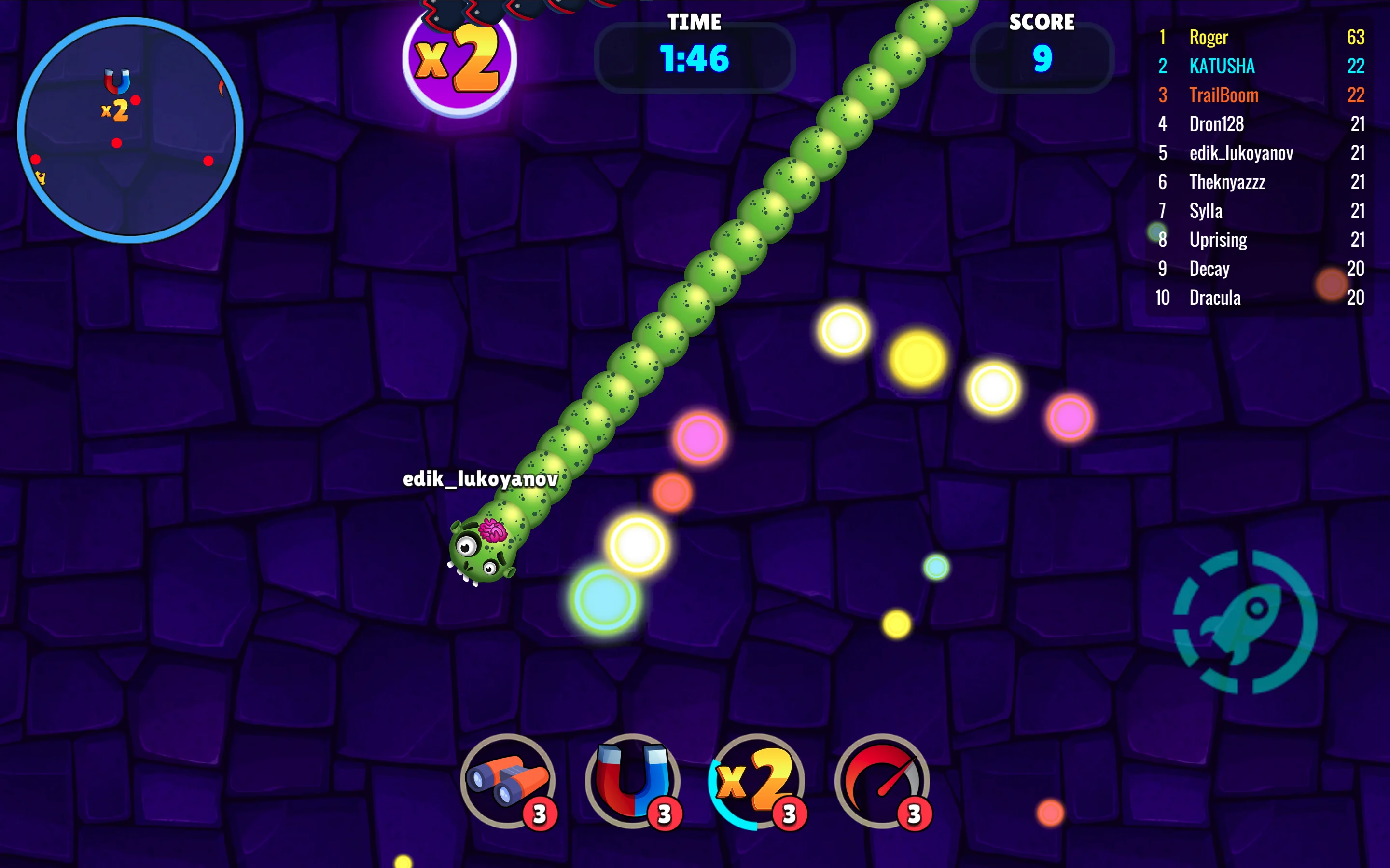 Snake Wars arena showing player snake and glowing food pellets