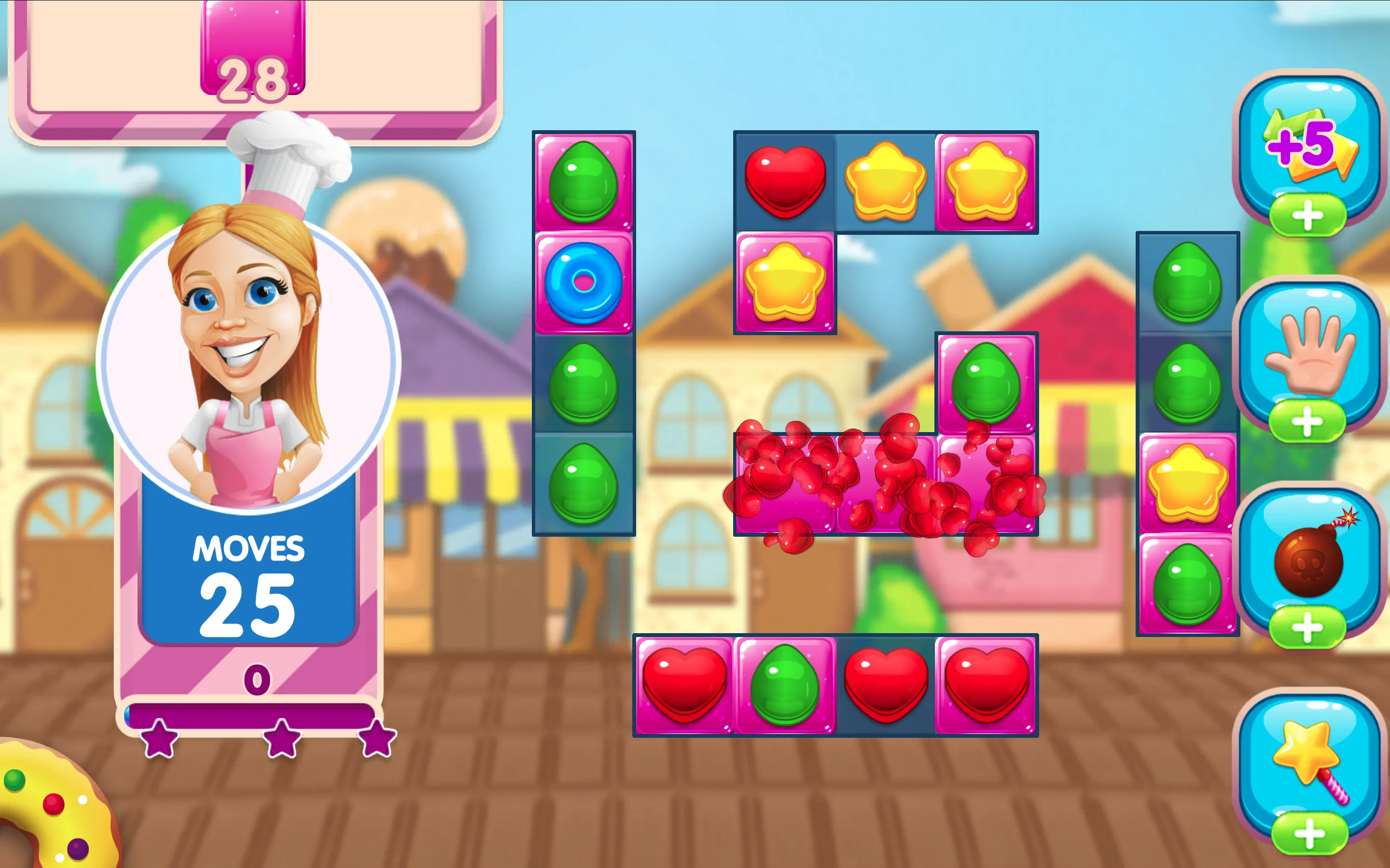 Sugar Crush puzzle board showing chef portrait and jam-covered jelly tiles