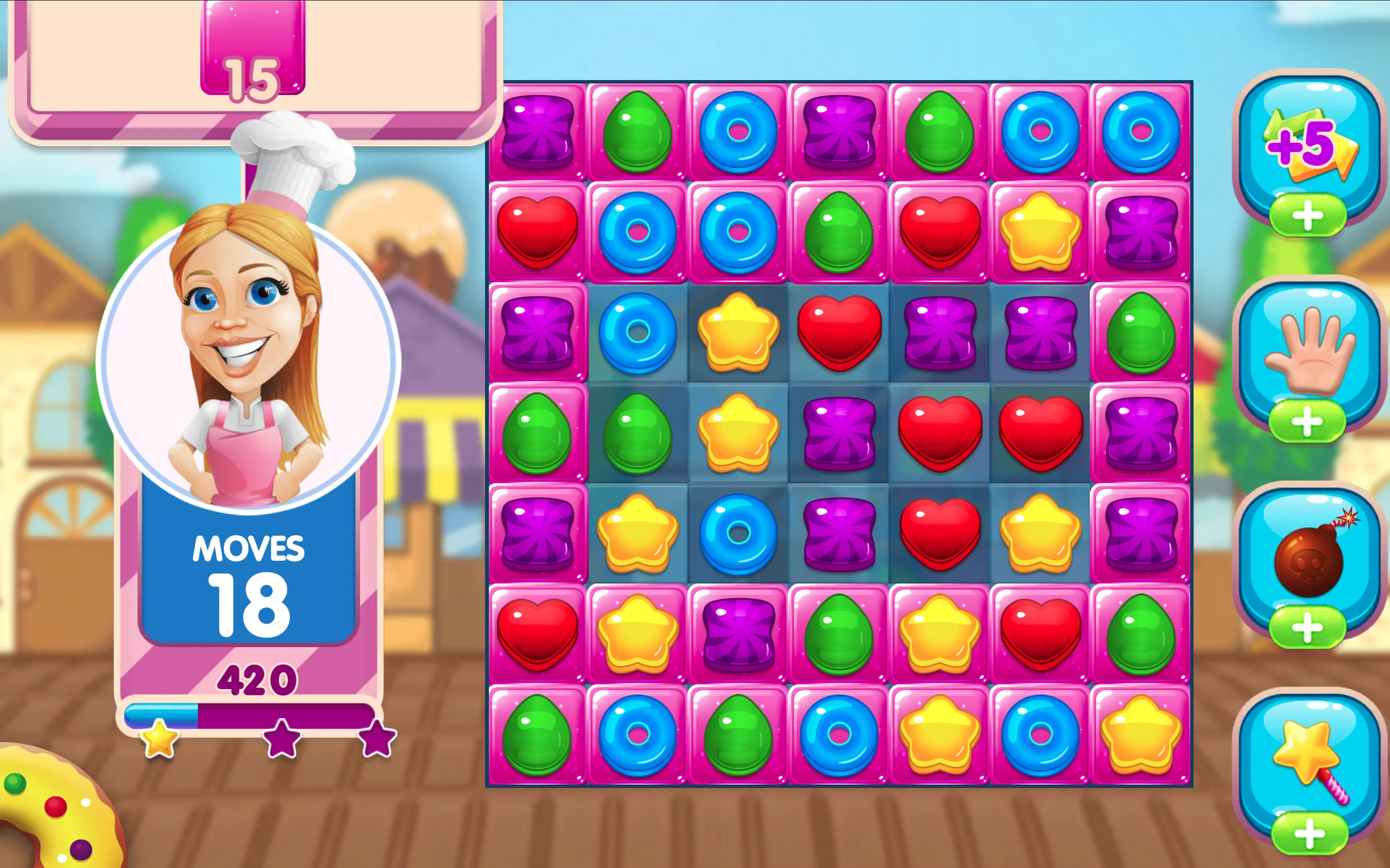 Sugar Crush 7x7 grid with perimeter pink jellies and right-side booster tools