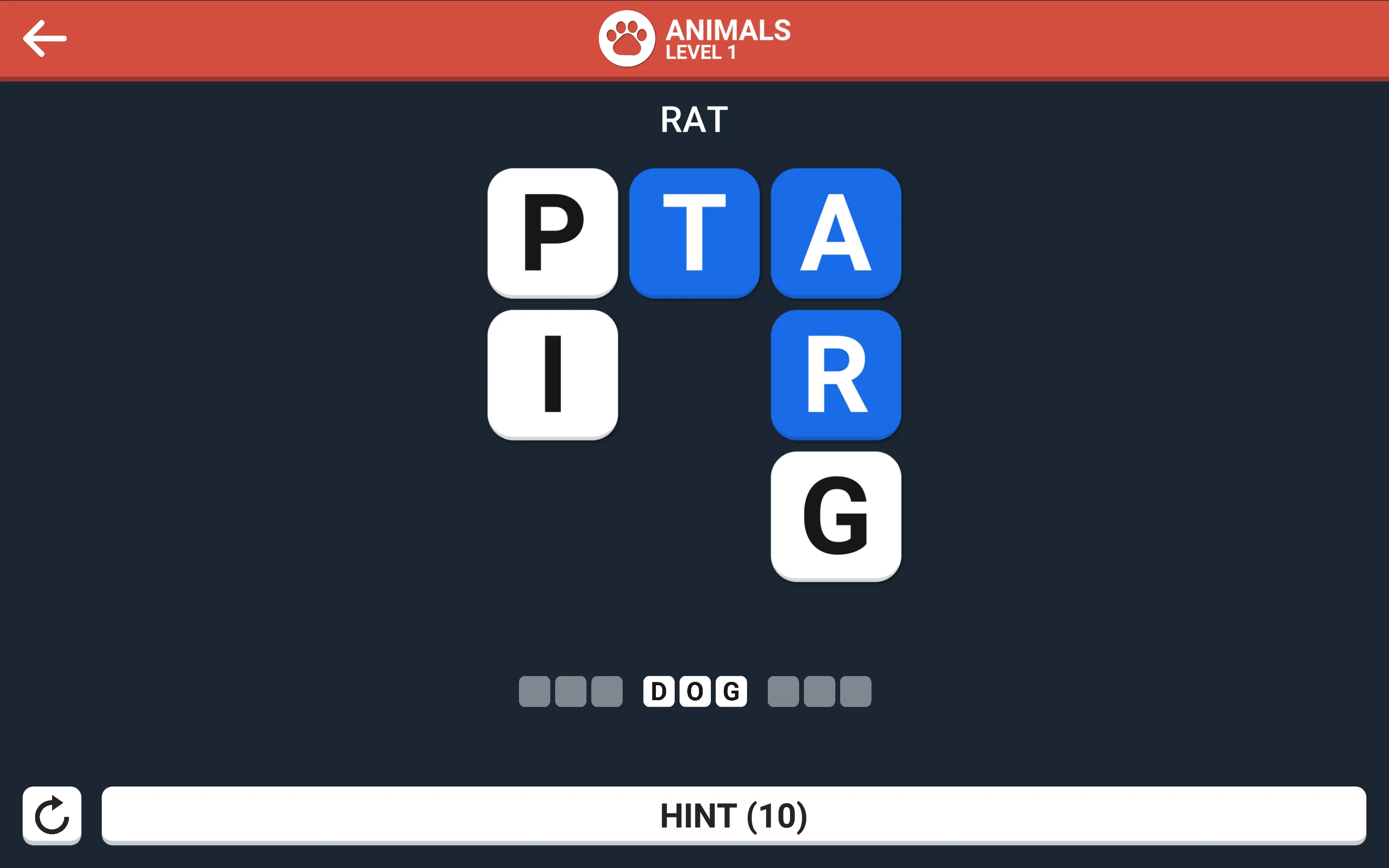 Word Game vocabulary puzzle showing scrambled letter tiles and category clue header